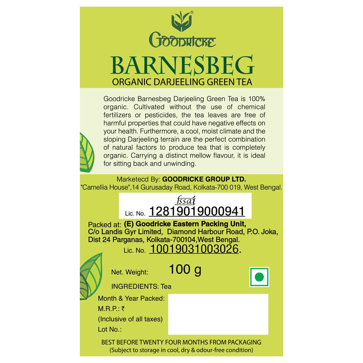 Barnesbeg Organic Darjeeling Green Tea, 100GMS (Pack of 3)