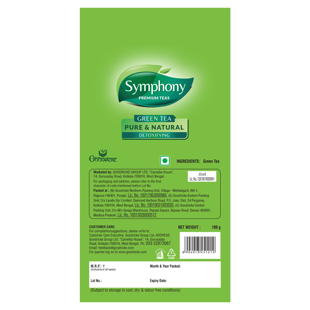 Symphony Pure & Natural Green Tea - 100gm (Pack of 2)